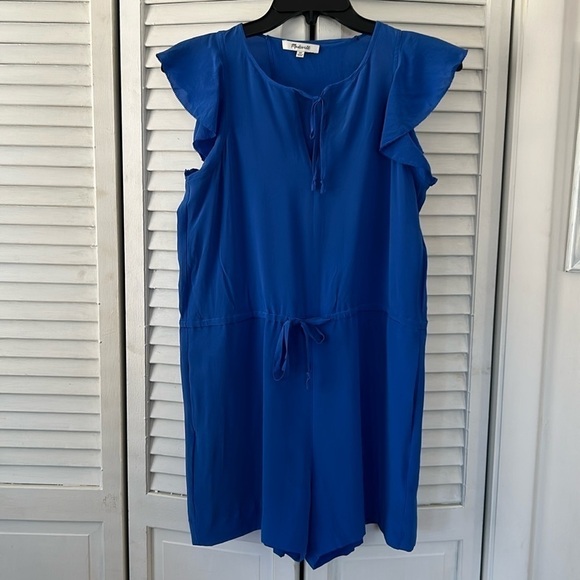 Madewell Royal Blue 100% Silk Shorts Romper Keyhole Back Flutter Sleeves XS - Picture 1 of 13